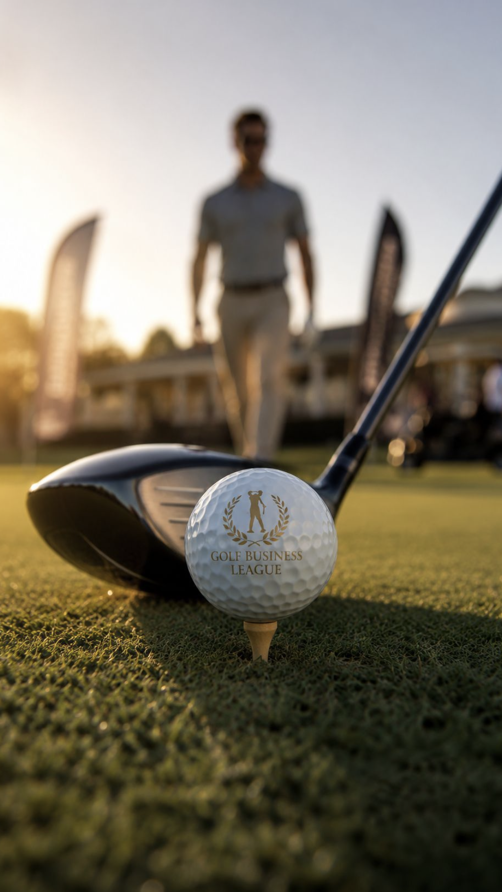 Golfball mit Golf Business League Logo bei Abendlicht