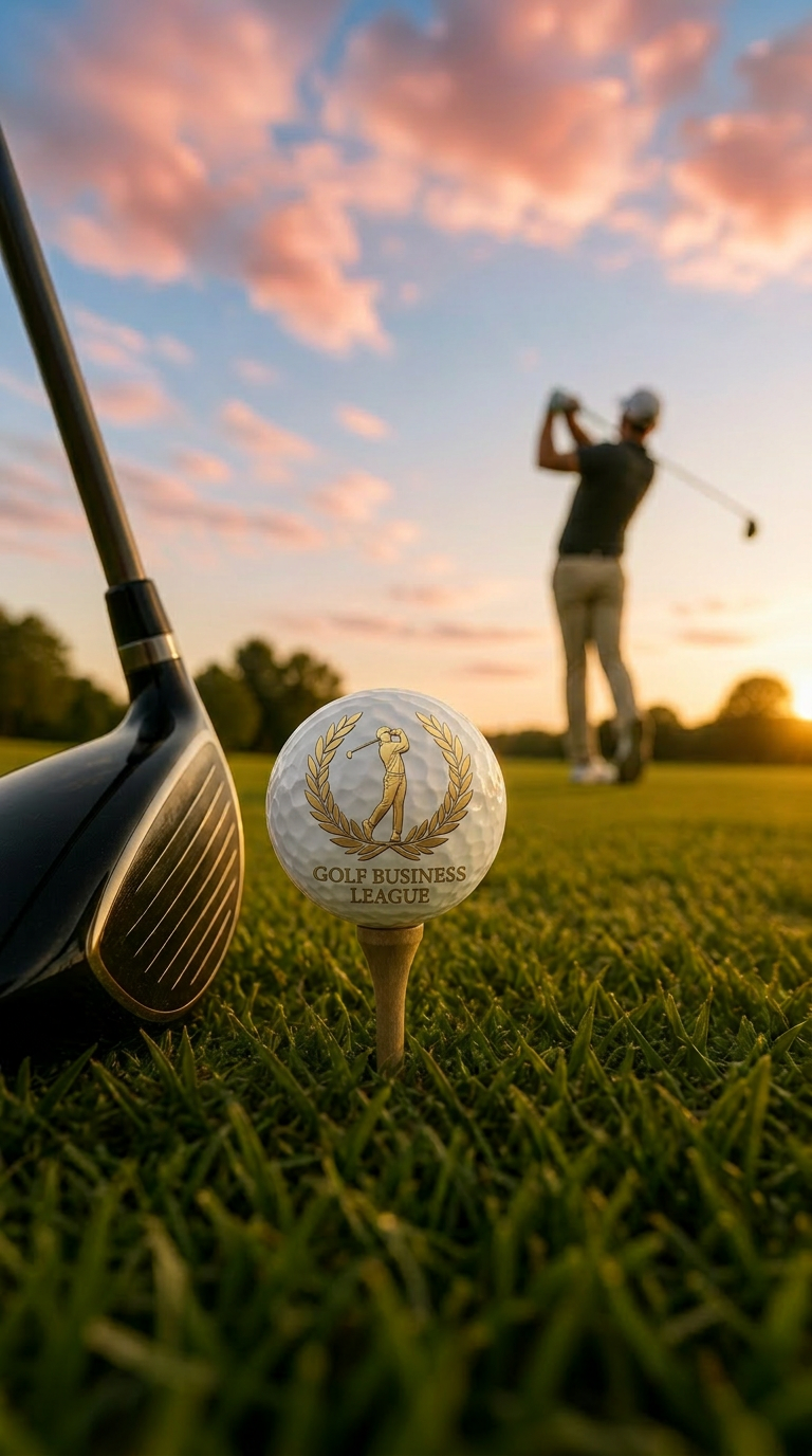 Golfball mit Golf Business League Logo bei Abendlicht